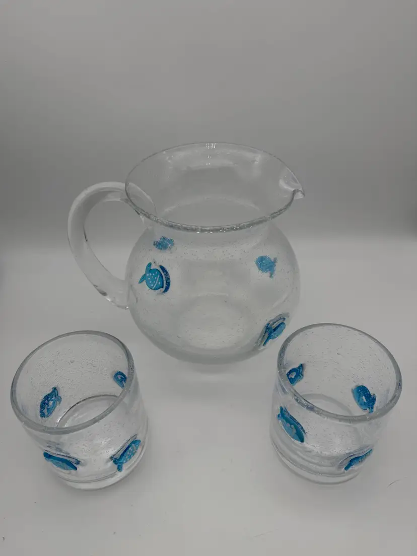 Newport By Global Amici Blown Glass Pitcher With 2 Glasses - Fused Glass W Fish