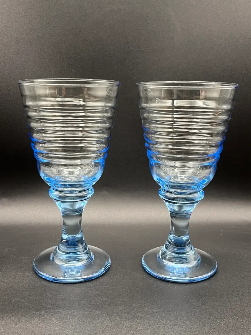 #23 Pair Of Libbey “Sirrus” Blue Footed Ribbed Glass Drinking Goblets 7”