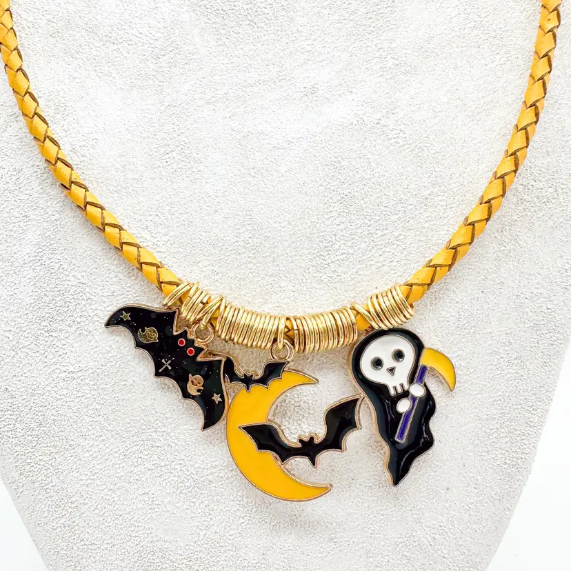 Halloween Necklace Bat Moon Grim Reaper Yellow Cord