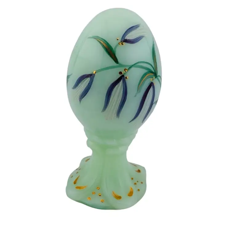 Fenton Glass Jadeite Egg Butterfly Floral Hand Painted Signed Vintage