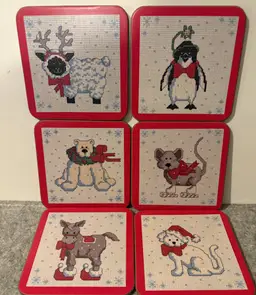 Set of 6 Christmas Cross Stitch Style Pimpernel Coasters  # 3046