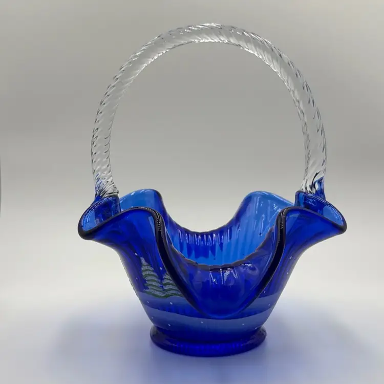 Fenton Glass 95th Anniversary Hand Painted Jolly Snowman Cobalt Blue Basket Limited Edition #2063