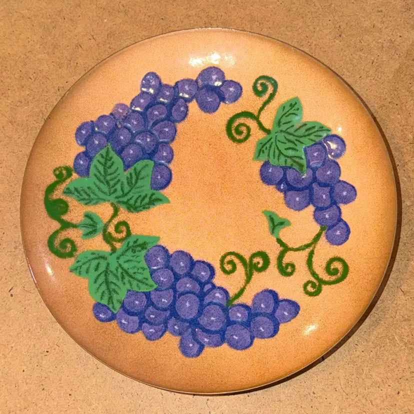 Signed Annemarie Davidson Enamel on Copper Plate 9” Grapes Wine Decor MCM