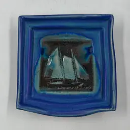 Vintage Blue Stoneware Trinket Dish With A Sail Boat Under A Crackle Glass Center. Designed By Micheal Cohen