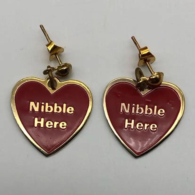 ‘Nibble Here’ Goldtone & Red Post Earrings  3/4"