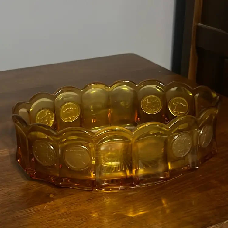 Amber Fostoria Frosted Coin Glass oval dish with scalloped rim. 9” X5”  X 3” Tall - Circa 1950s