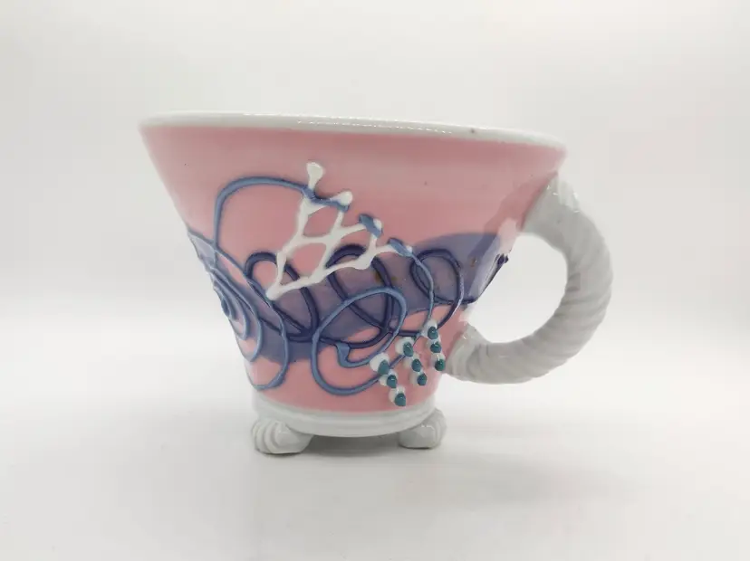 Studio Pottery Signed Hiulmm Abstract Footed Coffee Mug Pink Raised Relief