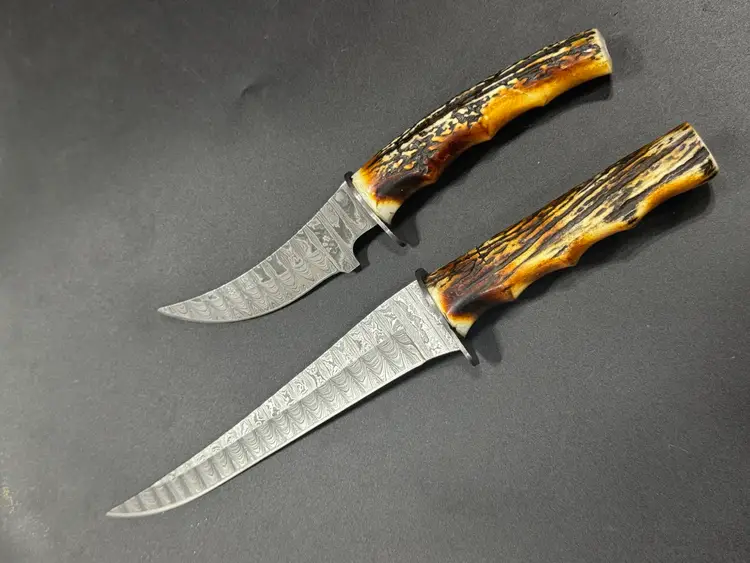 Handmade Boning Damascus Steel Knives One Pair Stag Horn Handle