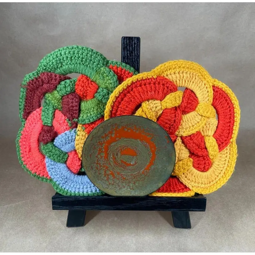 MCM Brutalist Enamel on Copper Plate Orange Green Footed Trinket Dish + Crochet Trivets