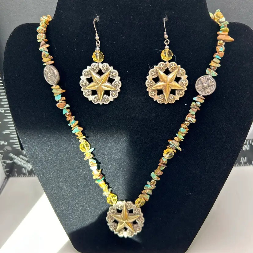 Beautiful Vintage, Handmade, Necklace And Earring Set. Pended And Earrings Are A Star Of Texas Surrounded By A Scalloped Edge With Small 3-D Stars. Necklace Is Strung With Tigers Eye And Turquoise Chip Stone.