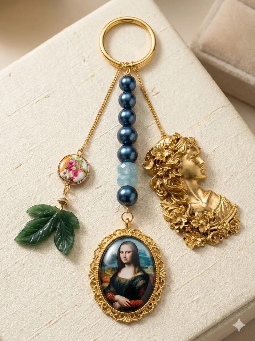 Niknax Rare Collectible Art Bag Charm Keychain | Unique Vintage MONALISA Keyring | OOAK Treasure Find