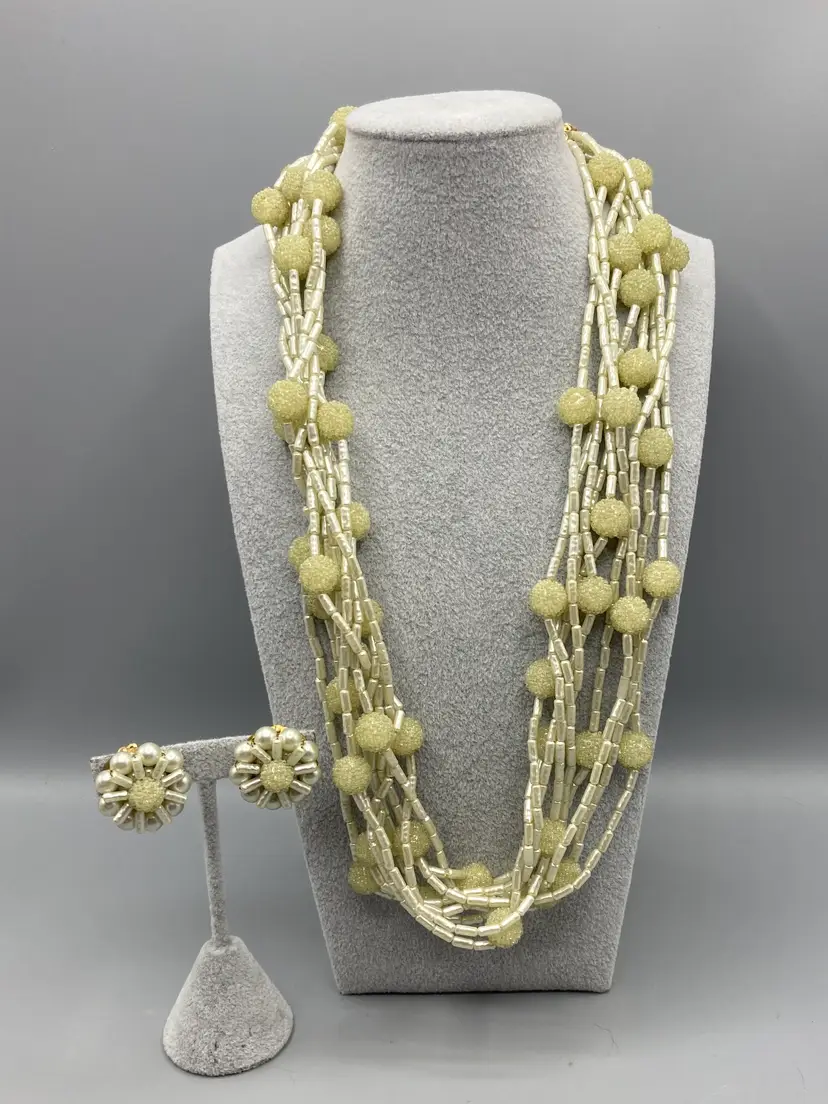 Vintage Light Green Multiple Strand Necklace and Earrings Set Goldtone - Made in Hong Kong
