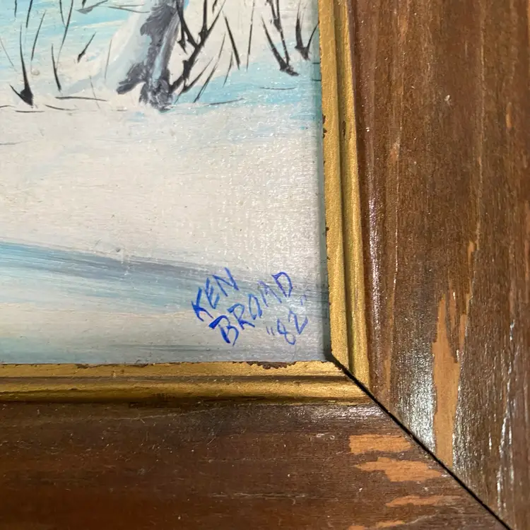 Winter Scene Painting on board “No Delivery Today” Frame Has Damage 10”x12”