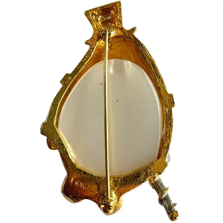 Vintage KJL Humpty Dumpty Gold Tone, Rhinestone, and Pearlescent Cabochon Brooch Kenneth Jay Lane
