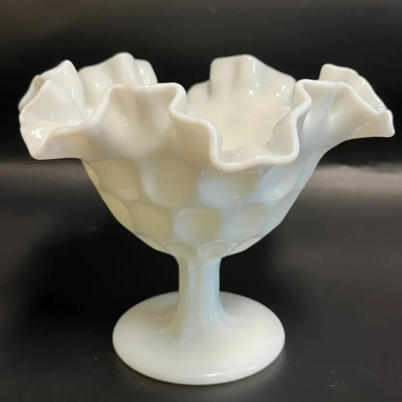 Fenton -Milk Glass -Thumbprint Compote- Ruffled, Crimped Rim-5” Tall, 6.5 Wide