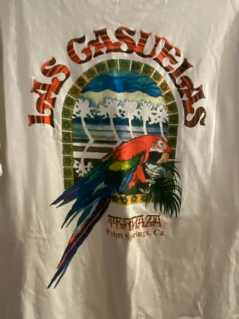 Mens T Shirt White Las Casuelas Terraza 2XL Palm Springs Restaurant CA Parrot