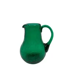 Vintage Emerald Green Crackle Glass Pitcher Hand Blown Applied Handle Mid Century Decor