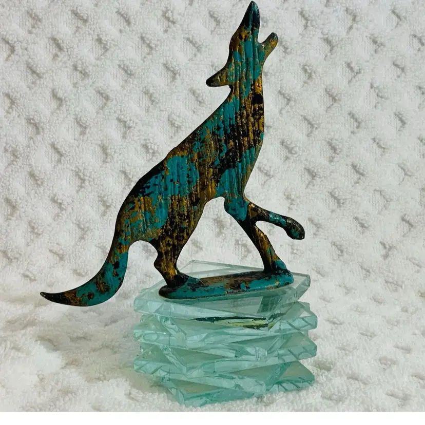 Handcrafted Howling Wolf Copper Turquoise And Black Metal Decor On Crackle Glass Multi Layered Fused Glass Stand