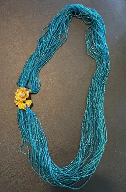 Vintage Jewelry - 20” Blue Glass Seed Bead Gold Toned Flower Clasp With Blue Rhinestones Necklace