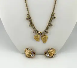 Vintage Gold Tone Clear Rhinestone & Leaf Necklace and Clip-on earring Set