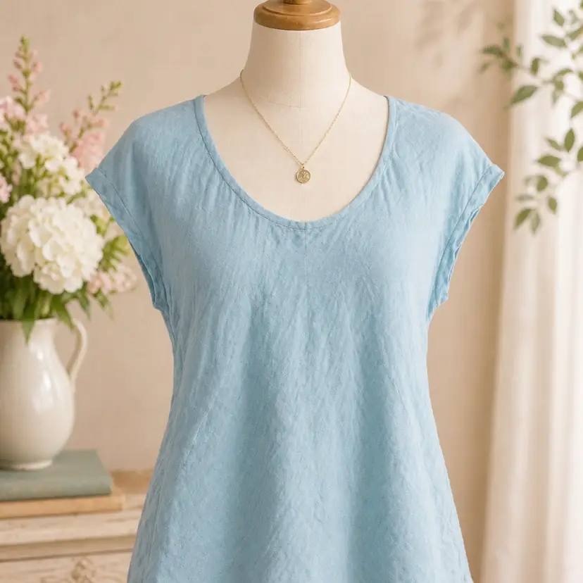 Eileen Fisher Woman Italian Linen Scoop Neck Top Light Blue Size 1X
