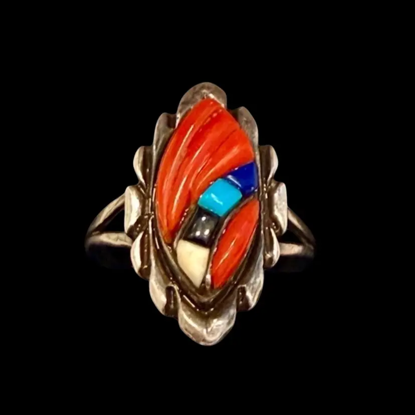 Vintage Native American Zuni Coral, Turquiose, Onyx Inlay Ring Size 10, 4.9g