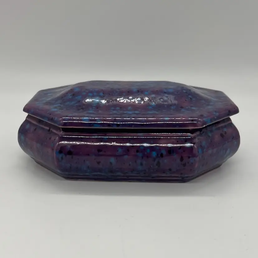 Vintage Ceramic Hobbyist Drip Splatter Glaze Purple Blue  Octagon Lidded Trinket Jewelry Box