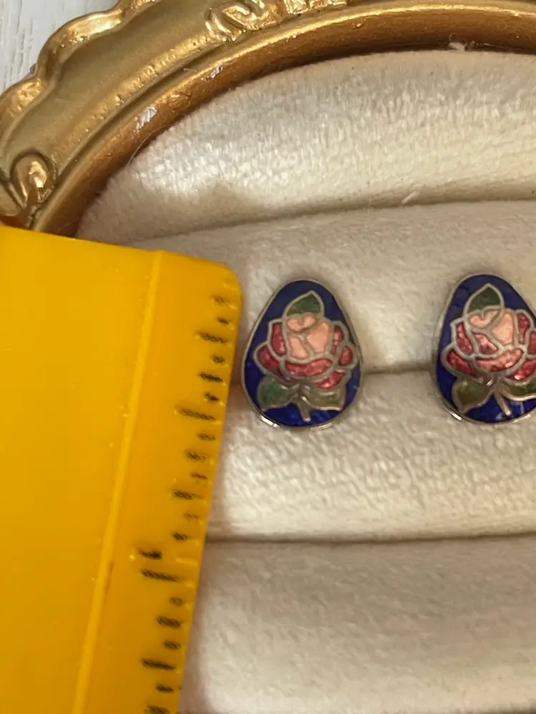 Vintage Cloisonné Rose Stud Earrings Blue Enamel Floral Teardrop Earrings