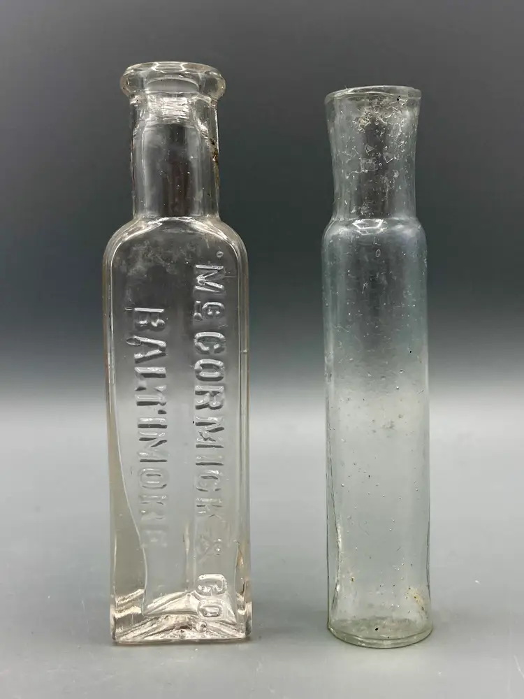 Vintage Miniature Clear Glass Vials - Triangle McCormick & Round Marked "A" - Set of 2