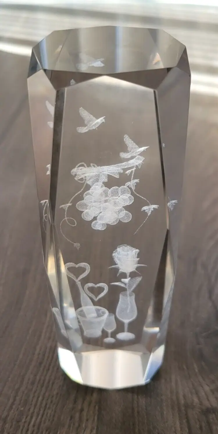 3D Laser Etched Crystal Glass Paperweight Grapes, Wine & Birds Decor 6" Tall