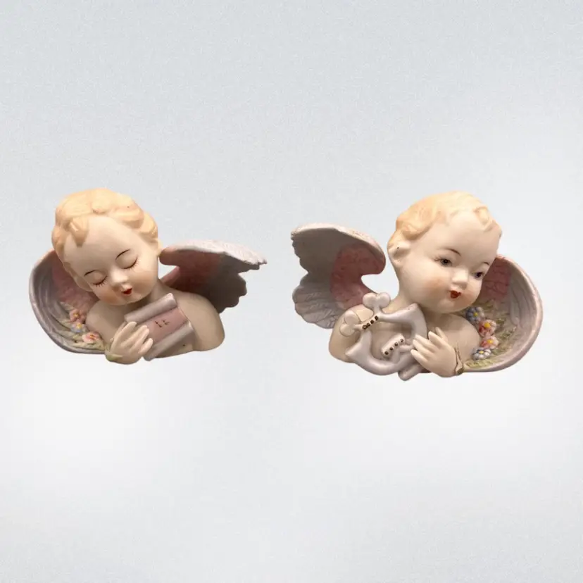 Vintage Lefton Hand Painted Bisque Angel Cherub Figurines Busts Christmas Japan
