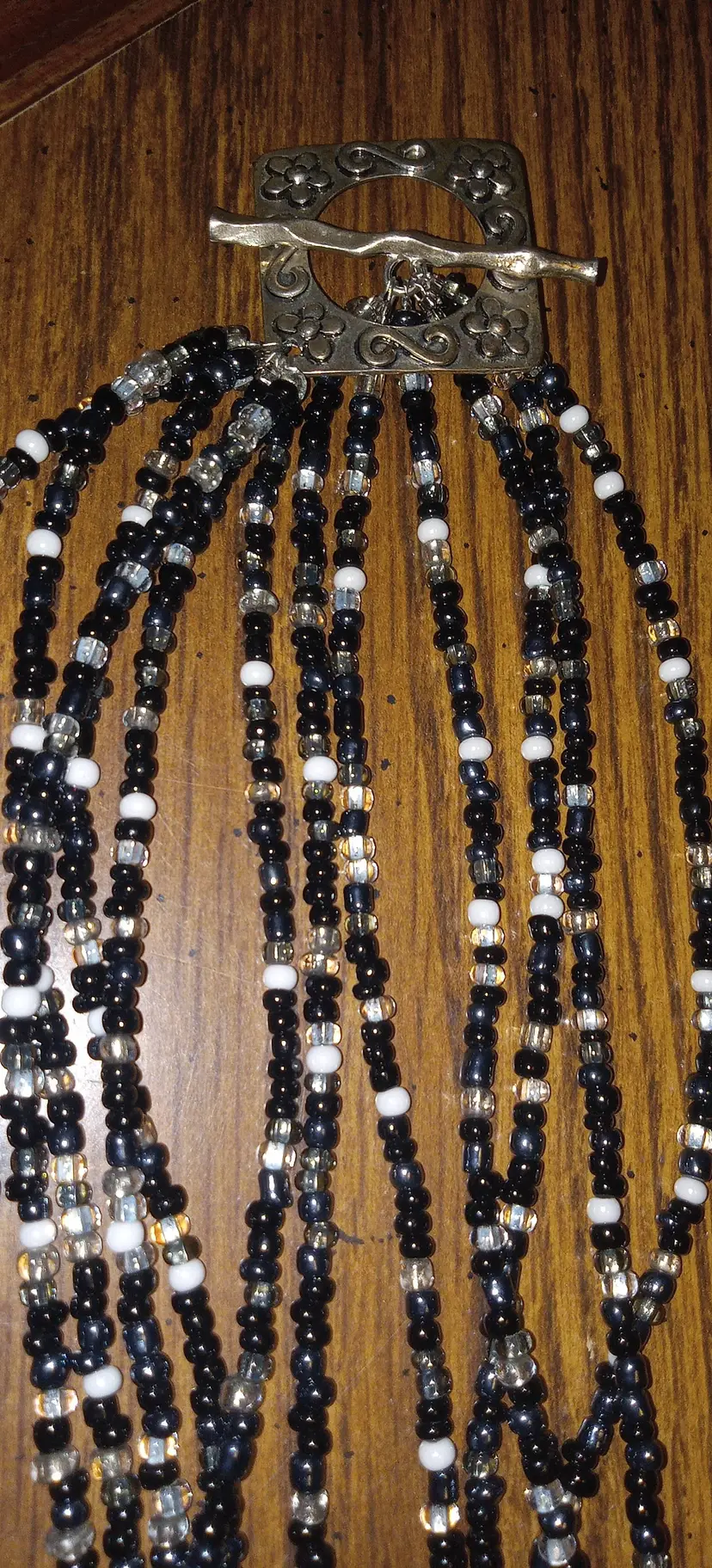 #07 - Vintage necklace Black and white seed beans with toggle clasp