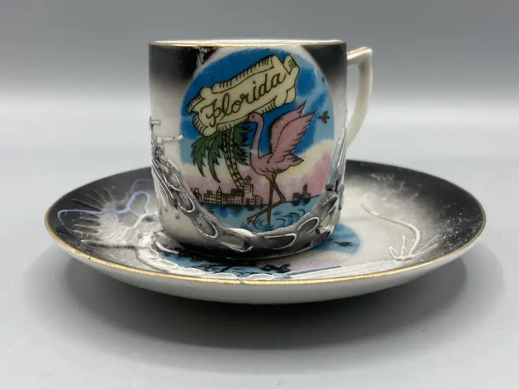 Vintage Florida Dragonware Mini Cup and Saucer Souvenir - 3D Dragon Flamingo Bird