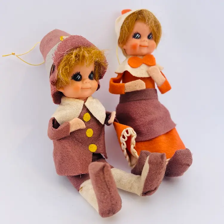 Vintage 1950's Lee Wards Made In Japan Thanksgiving Pilgrim Bendable Elves Boy & Girl Set 6”