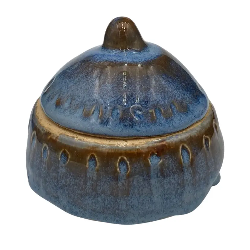 Studio Pottery Lidded Jar, Salt Cellar/Trinket Box, Blue Brown, Signed, Punctuations