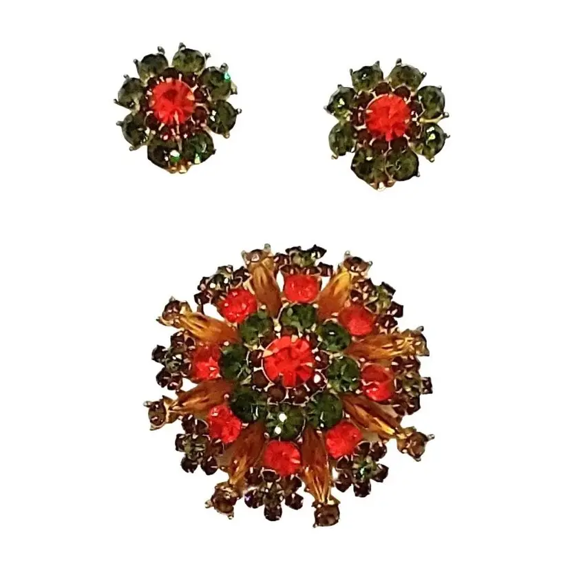 Vtg Autumnal Colored Rhinestone Brooch and Clip Earrings Set Gold Tone