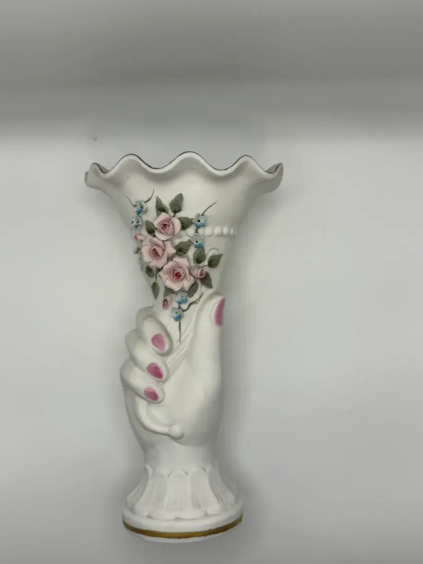 Vintage L'amour China (Lefton) Hand Vase MCM 8”