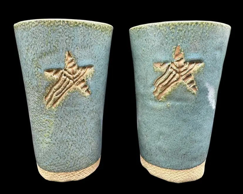 Set of 2 Studio Art Pottery Tumbler Cup Aqua Blue Gold Star Arrow Mark 5.75”
