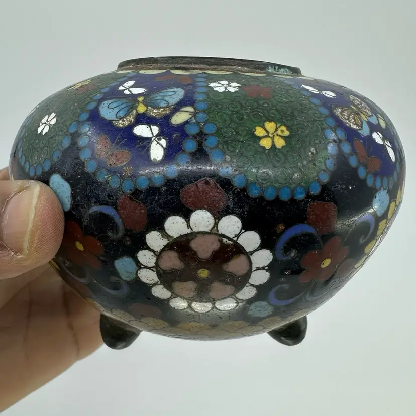 Antique Japanese Meiji Period Cloisonné Butterfly Censer Incense Burner With Feet