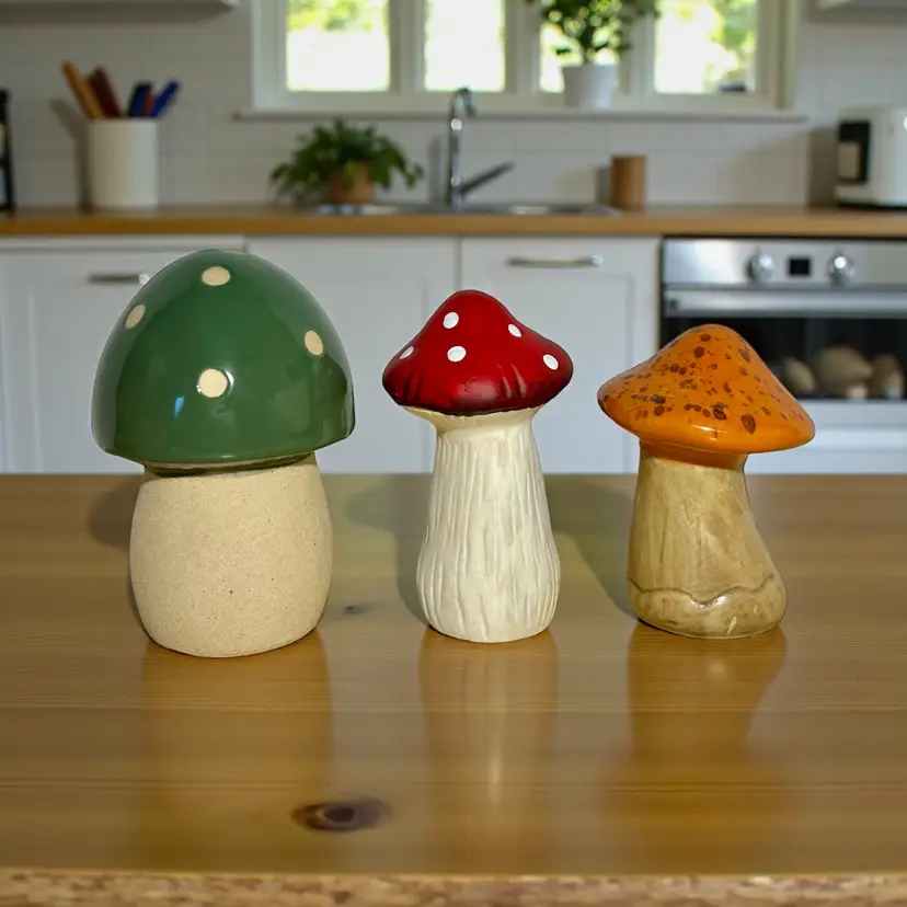 3 Ceramic Mushrooms Bisque Stem Garden Decor Glazed Assorted Colors 4" - 5" Red mushroom has a small paint chip. See pic.