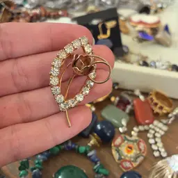 Rose Gold Tone Rhinestone And Rose Brooch