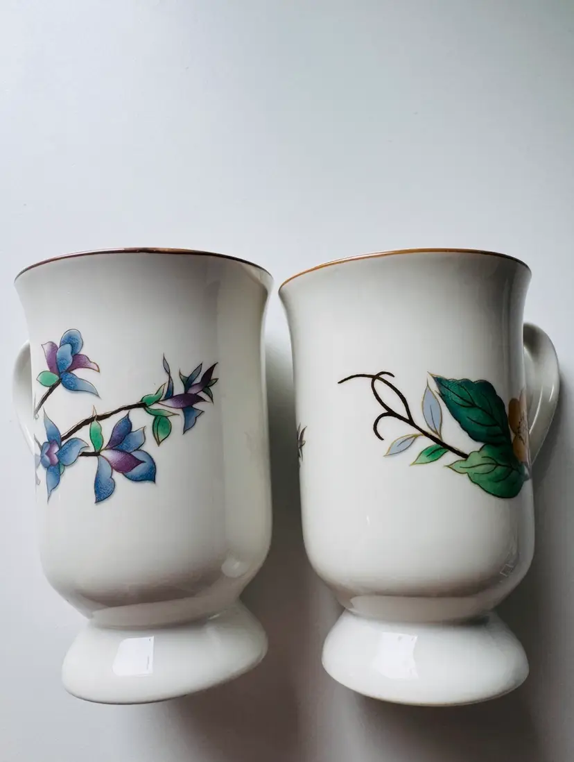 Set Of Two (2) Woodhill Pedestal Mugs With Floral Decor Made In China