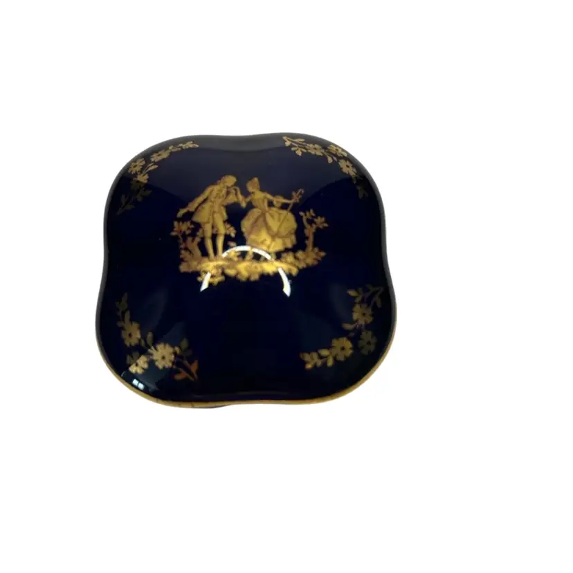 Courting Couple Limoge 2x2x1 Blue And Gold Trinket Pill Box
