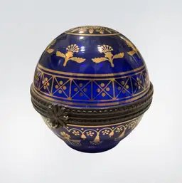Vintage Estee Lauder Heirloom Treasures Ball Trinket Box Cobalt Blue Glass Gold, 2.26”