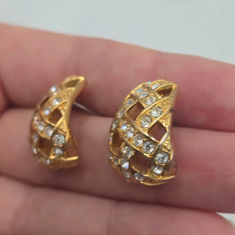 Swarovski Gold Plated Crystal Basket Weave Statement Earrings Pierced Swan Logo