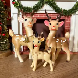 Vintage Christmas Reindeer Brown Rubber Family Japan