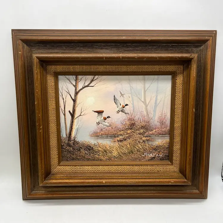 Signed Original Oil Ducks Painting Large Chunky Wood Frame Vintage