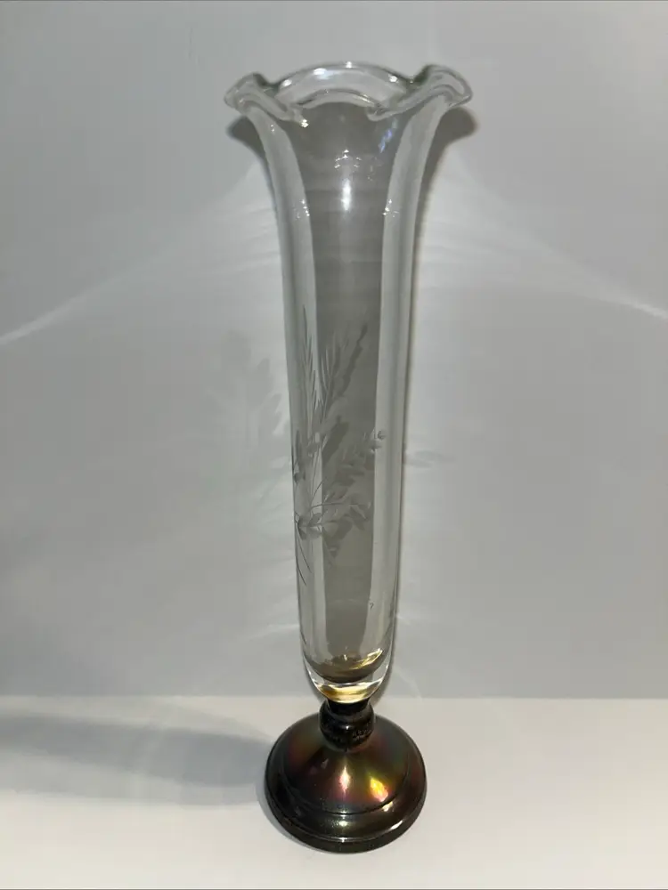 Vintage Etched Clear Glass Bud Vase w/Sterling Base Wheat Motif "Web Sterling"