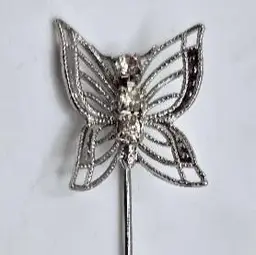 Silver Tone Filigree and Rhinestone Butterfly Stick Pin