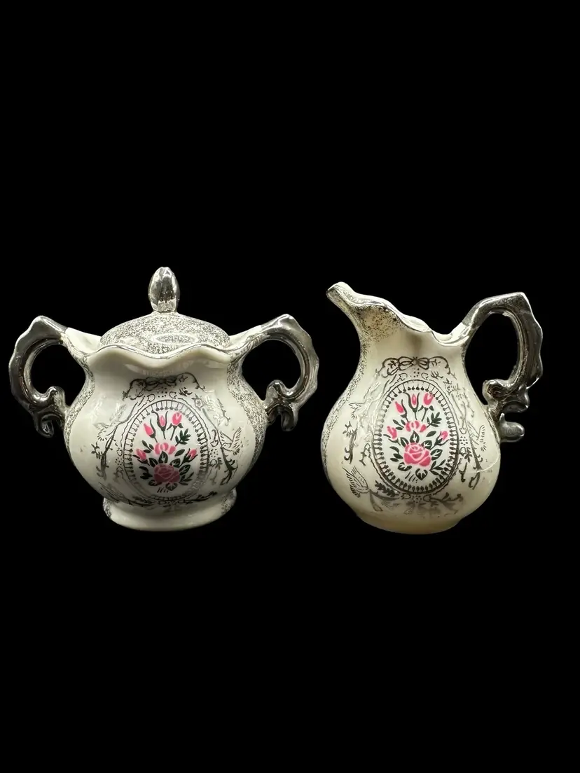 Vintage Enesco 25th Anniversary Small Creamer And Covered Sugar Dishes - Silver Trim